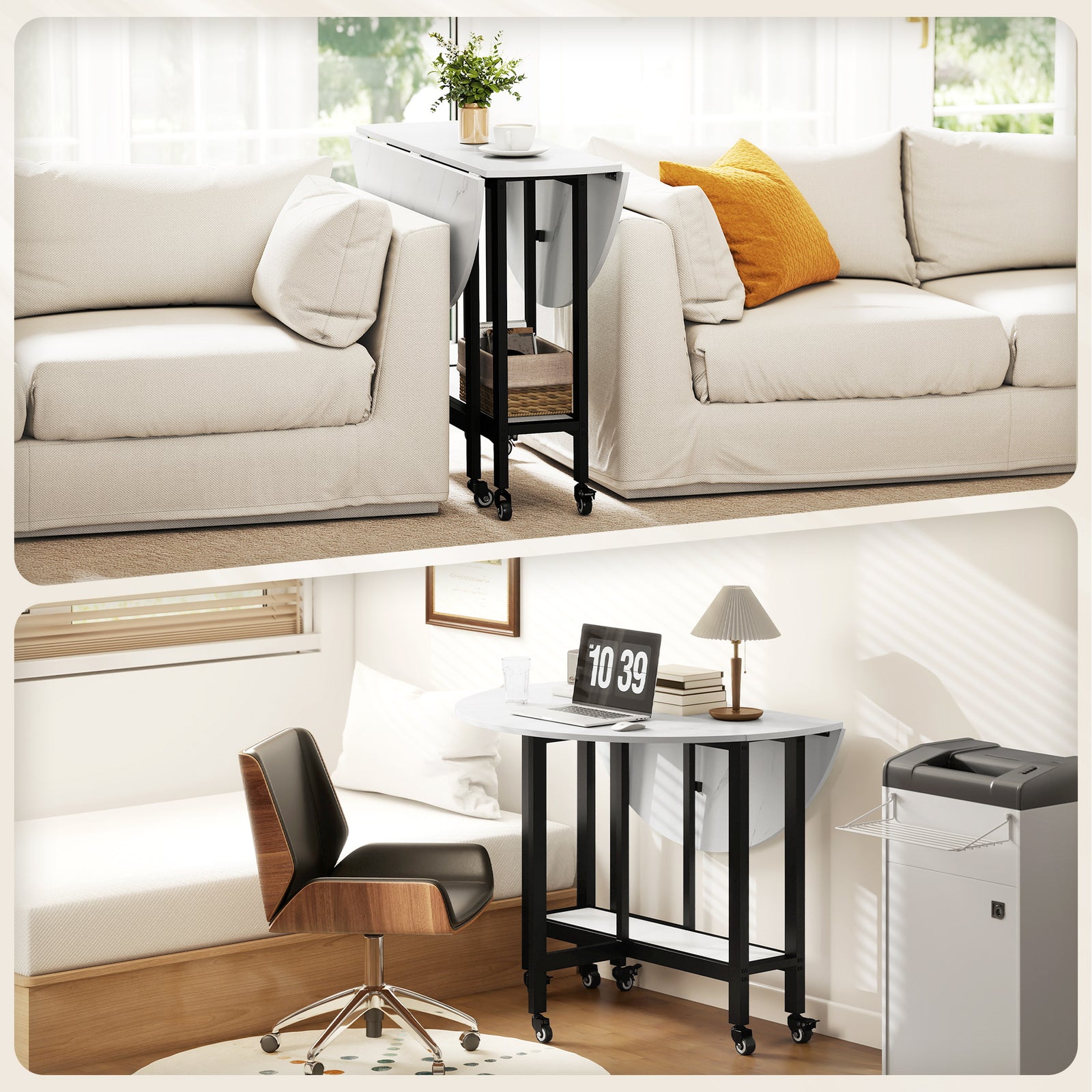 Folding Dining Table, Drop Leaf Table With Open Shelf, White Marble | L | White