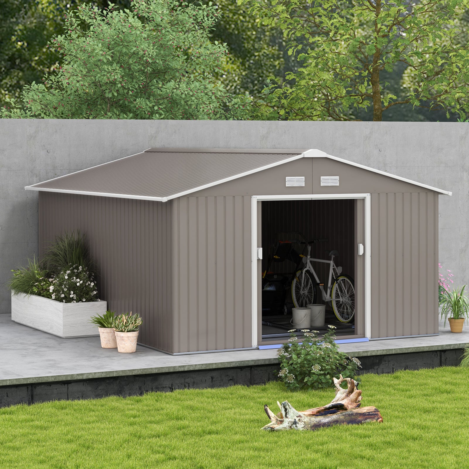 Garden Shed Storage Unit With Locking Door Floor Foundation | Large | Light Slate Gray