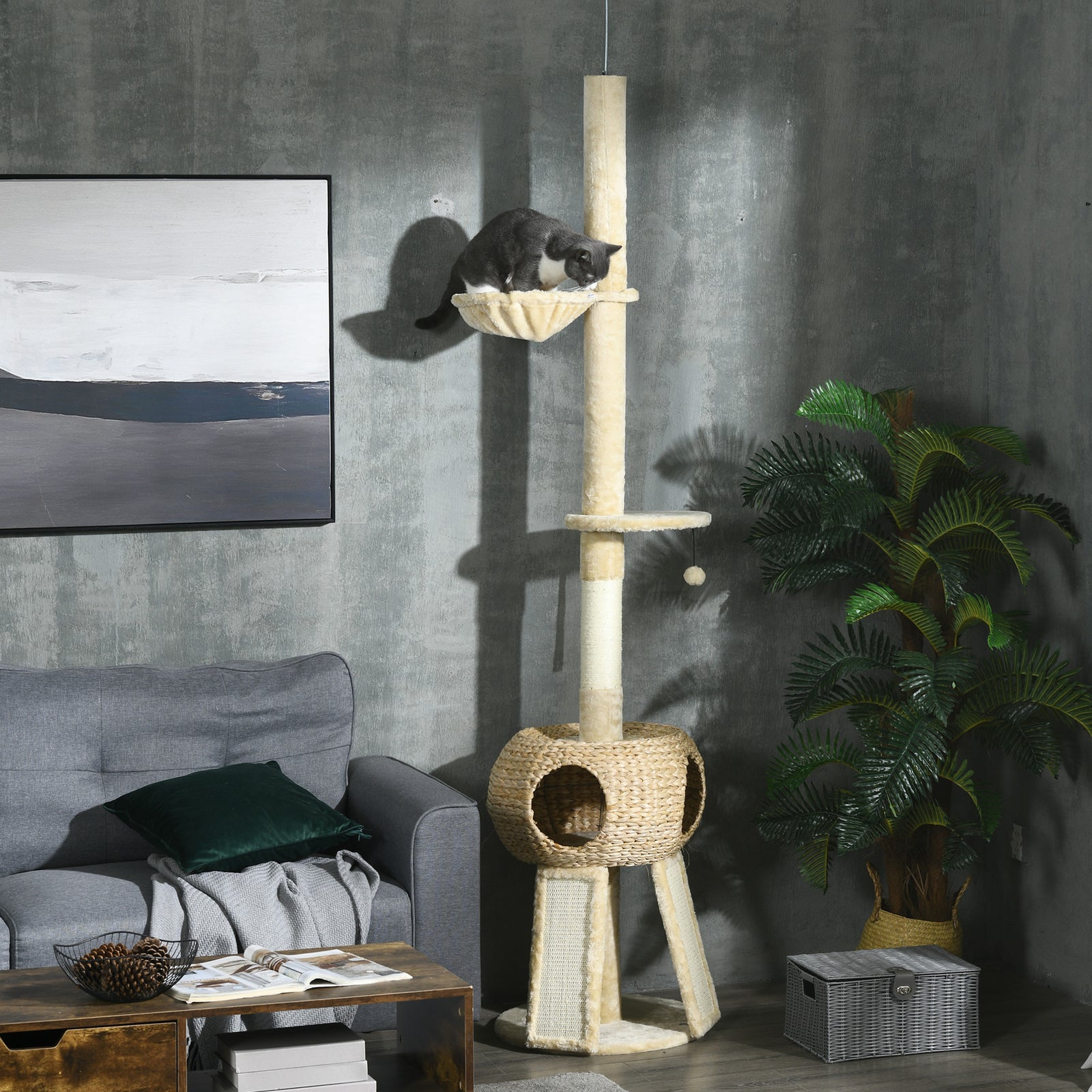 255cm Cat Tree Tower W/ Scratching Post, Cat House, Ball, Platform, Beige
