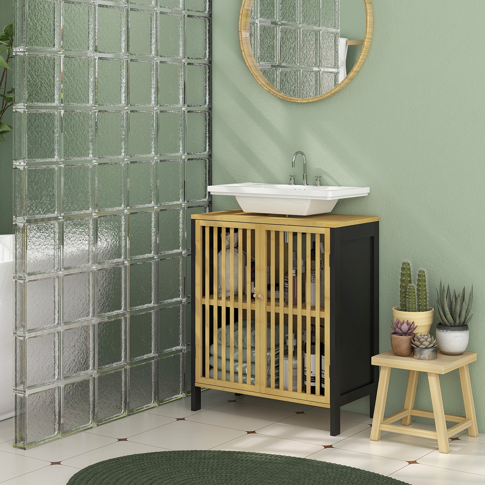 Under Sink Bathroom Cabinet, Bamboo Sink Cabinet Slat Doors