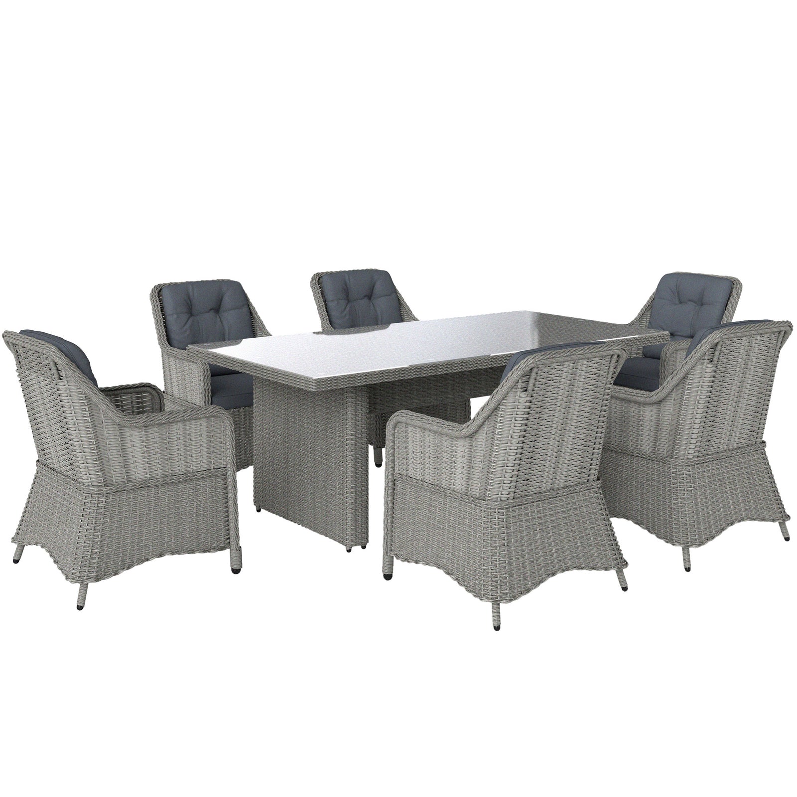 6 Seater Rattan Dining Set With Glass Top Table And Cushions