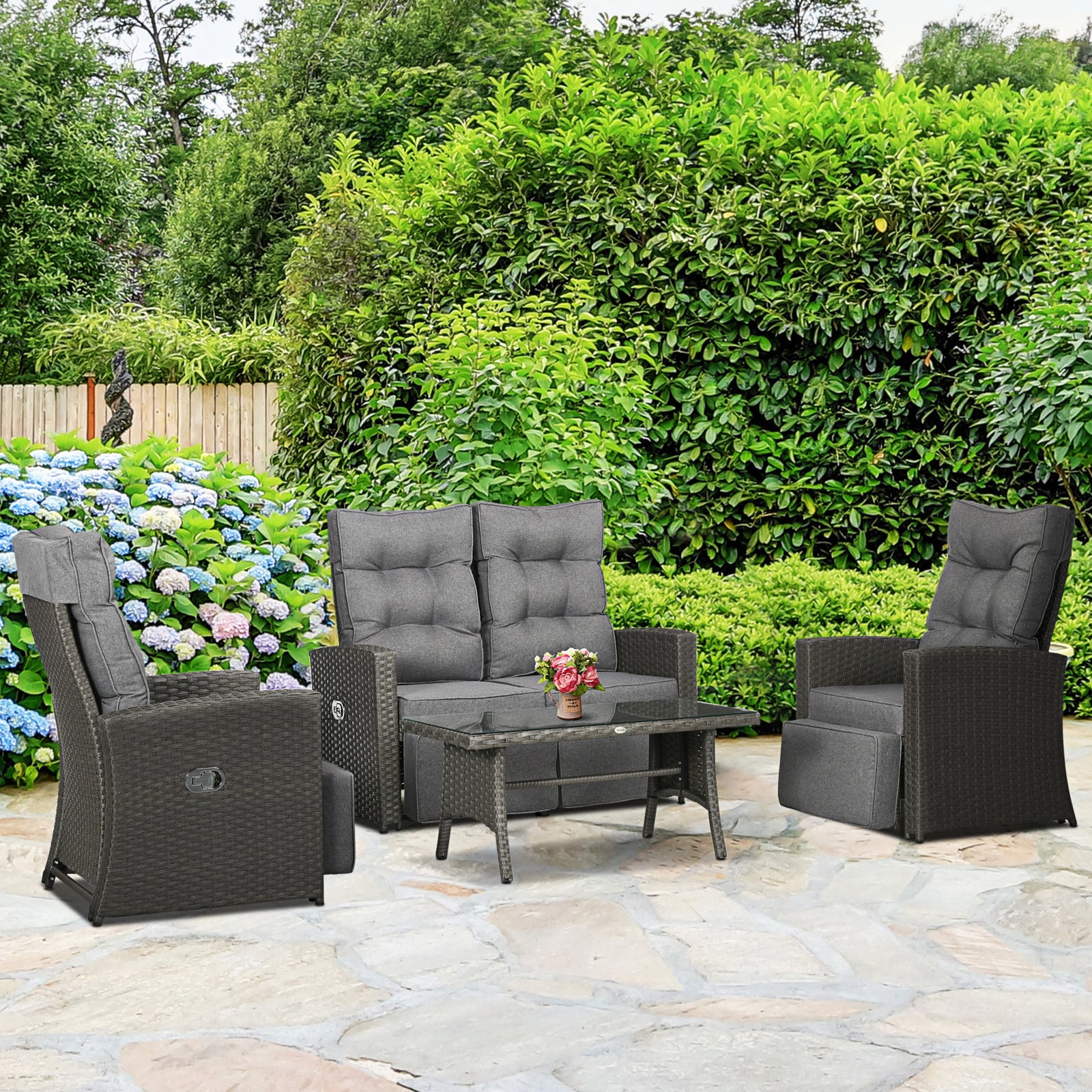 4 Piece Rattan Garden Furniture Set With Sofa, Glass Table | Grey