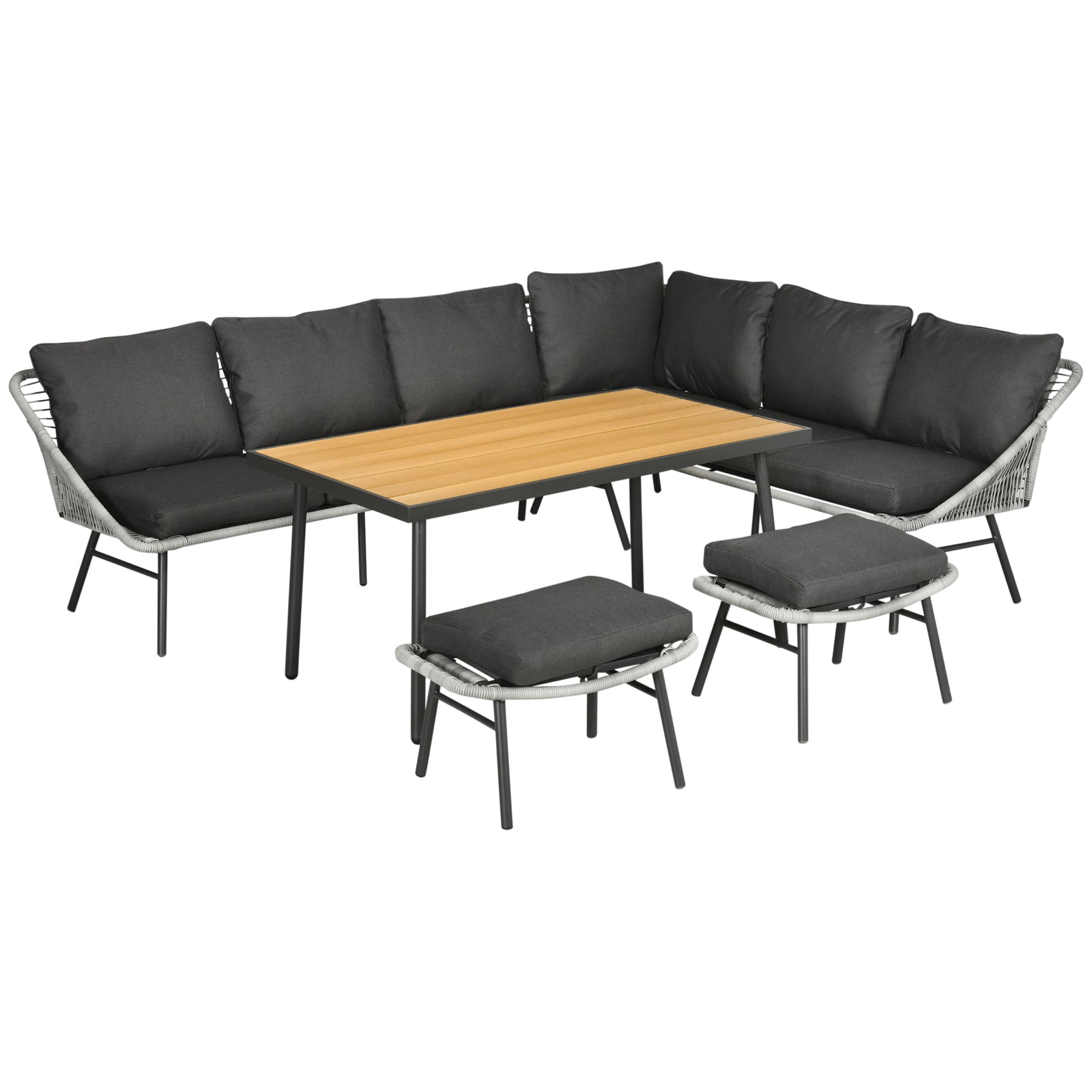 6 Seater Rattan Set W/ Sofa, Footstool, Table, Cushions