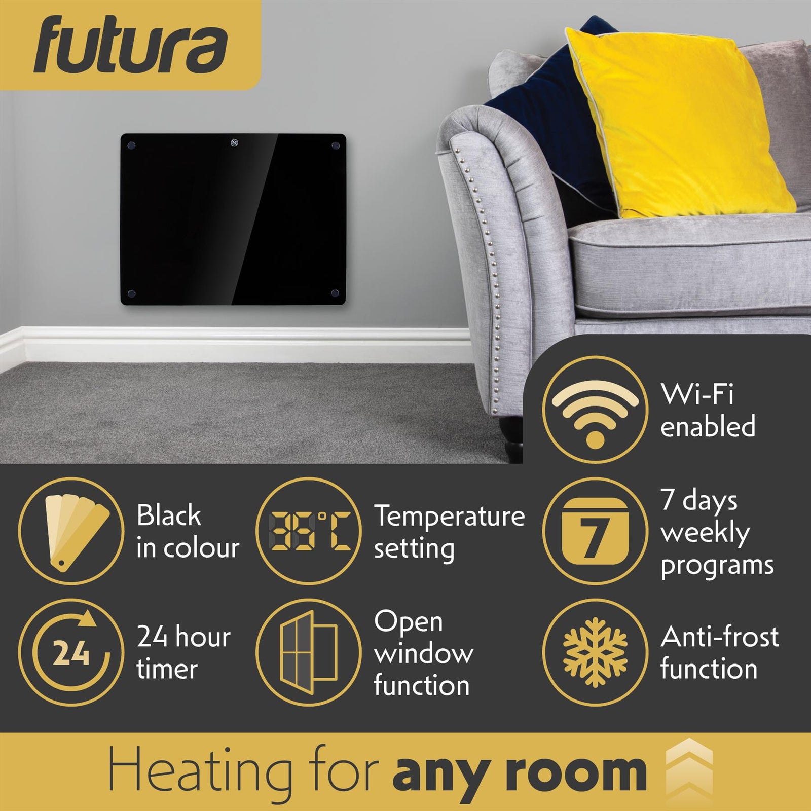 Electric Wifi Glass Radiator Panel Heater Black Wall Mounted Or Floor Standing Bathroom Safe, Timer And Thermostat | 1000w | Black