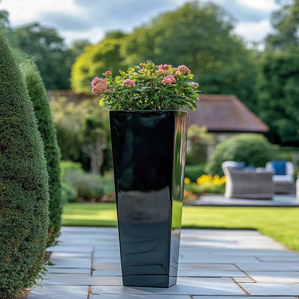 Zinc Galvanised Tall Flared Tapered Square Planter | 40cm x 40cm x 90cm | Glossy Black