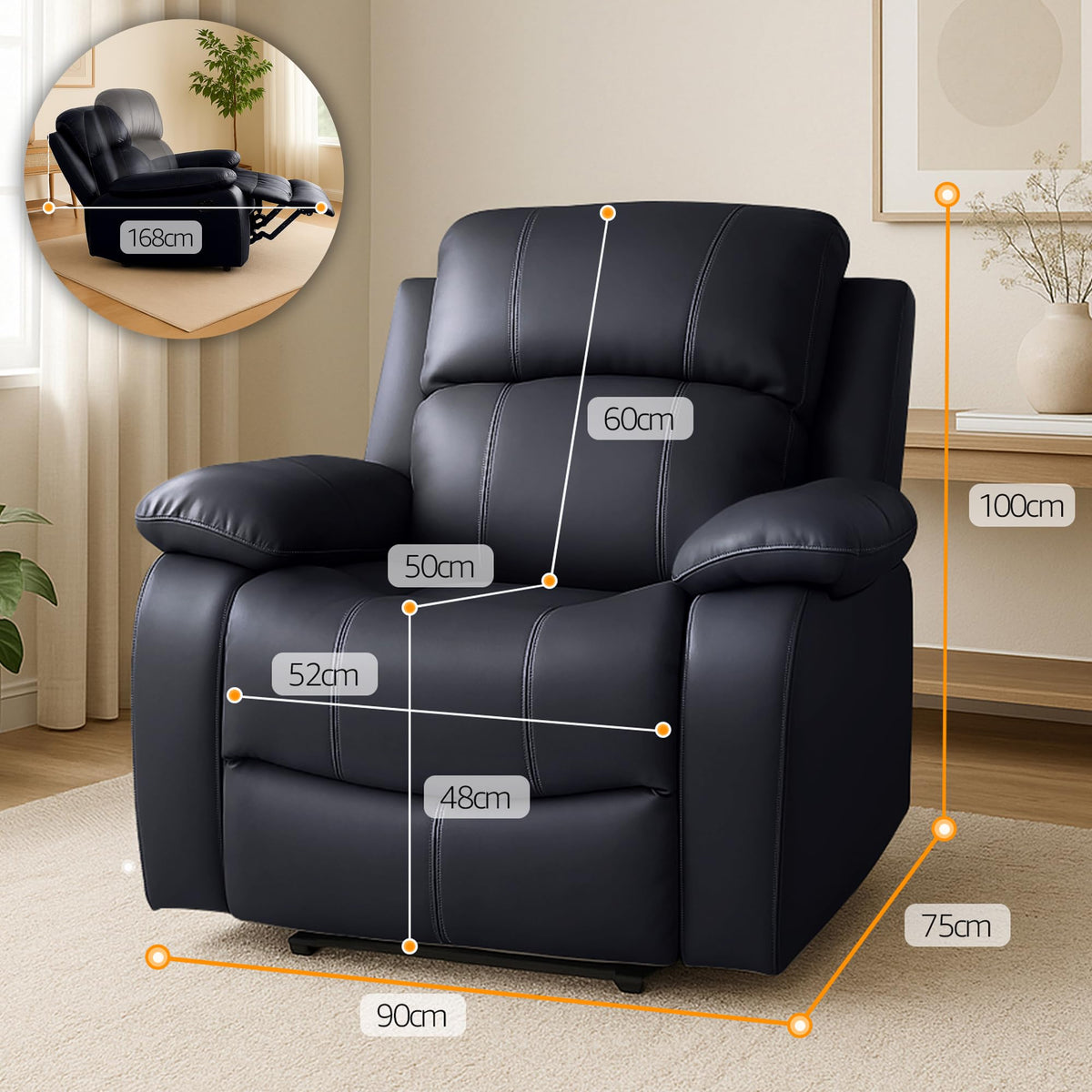 Manual Recliner Sofa 1 Seater Faux Leather | Black