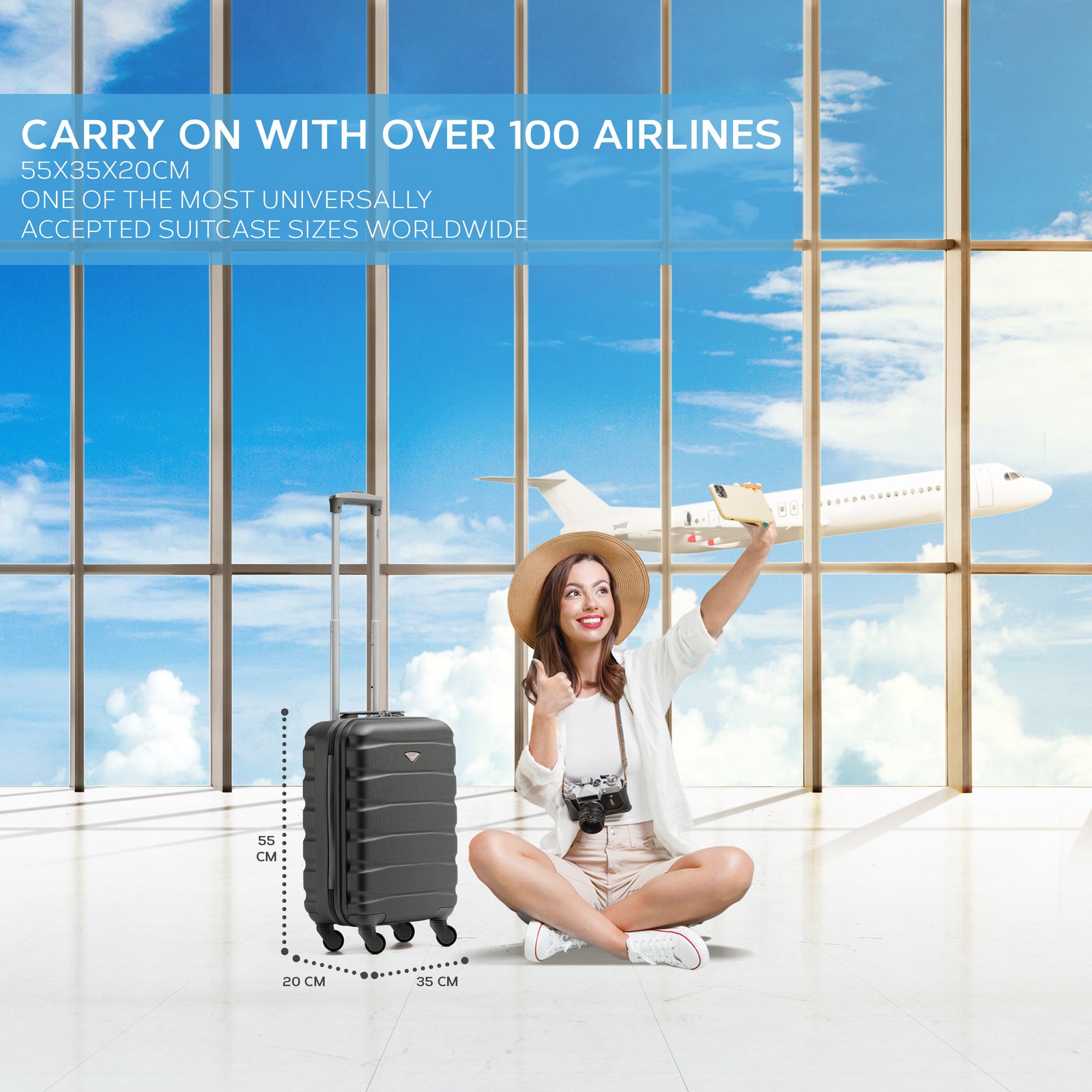 55x35x20cm Lightweight 4 Wheel Cabin Carry On Suitcase Overhead Case Approved For 100+ Airlines With Integrated Tsa Lock | 55 x 35 x 20cm | Charcoal