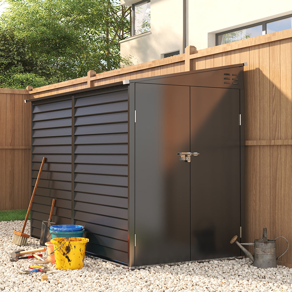 Durable Zinc Steel Metal Garden Shed 4.7×8.86ft – Waterproof Outdoor Storage House For Tools And Garden Equipment, Charcoal Black | Charcoal Black
