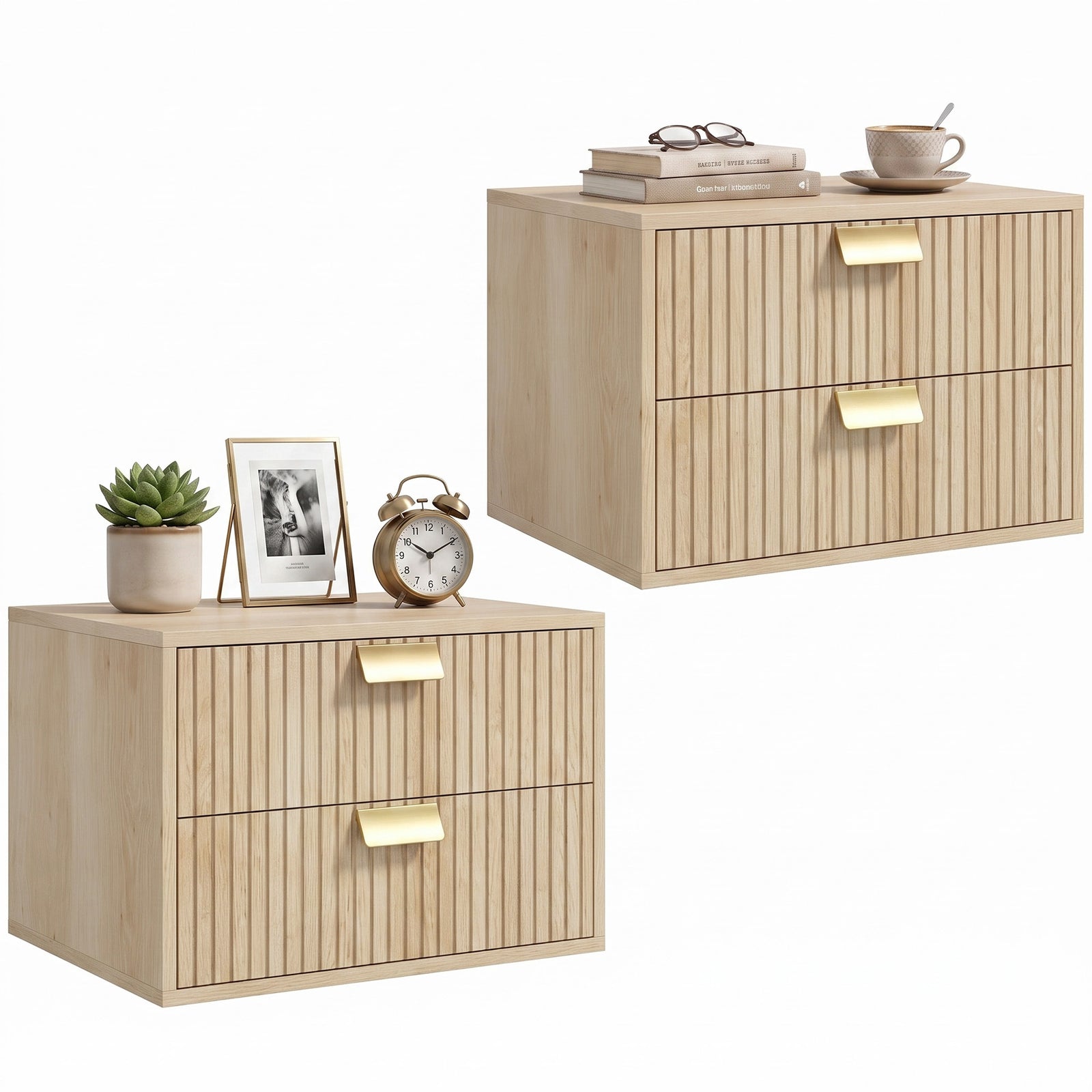 2pcs Modern Floating Nightstands,  2 Drawers Bedside Tables | Oak