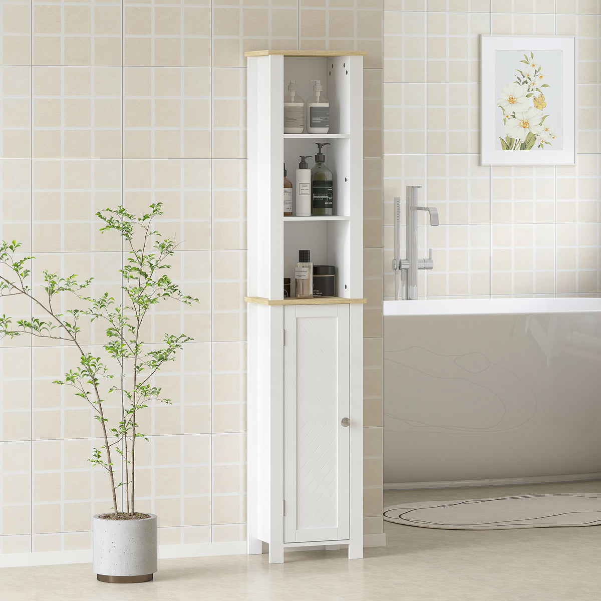 kleankin Slim Bathroom Storage Unit With Open Compartment, White
