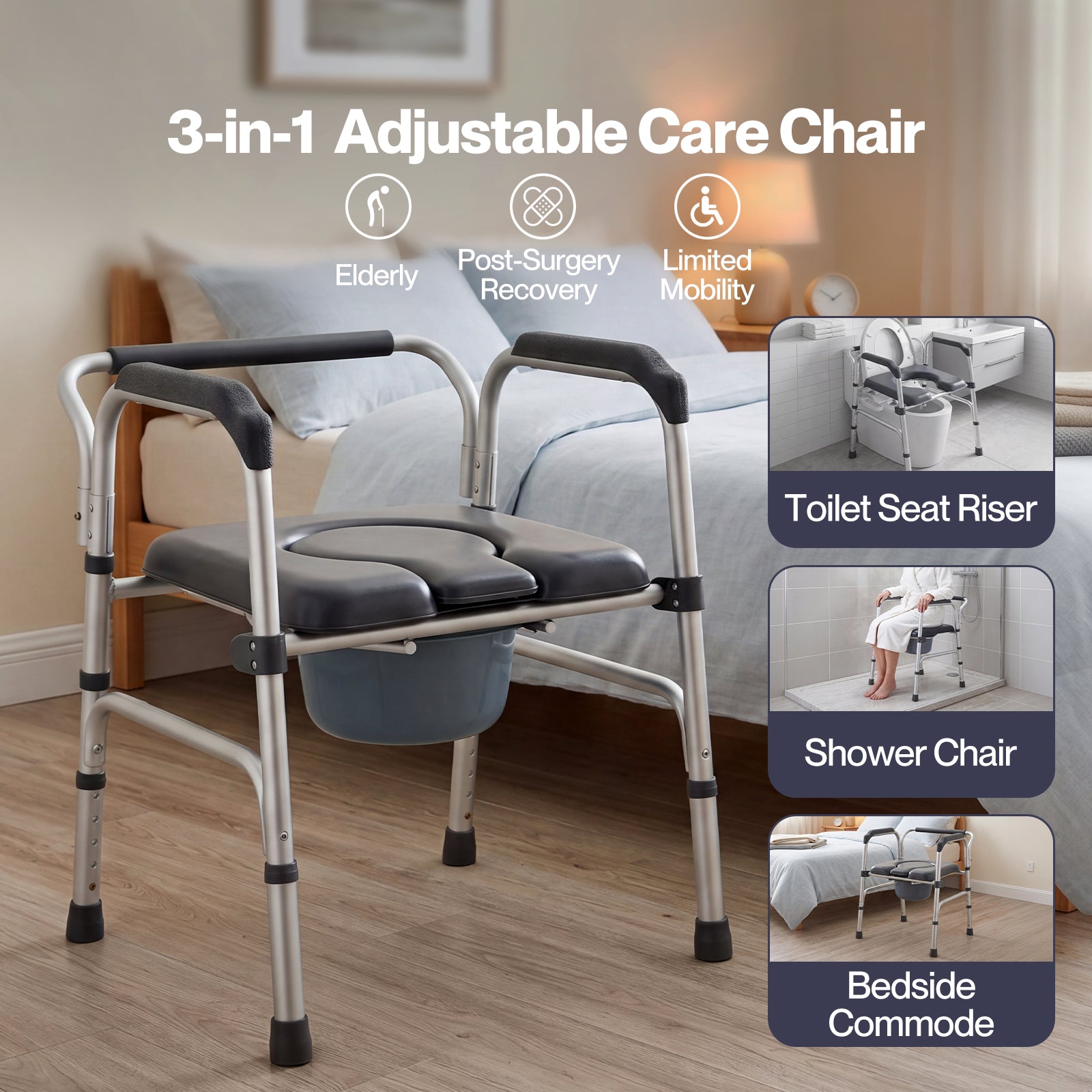 3 In 1 Commode Chair Folding Shower Chair Toilet Seat Riser Adjustable | Grey