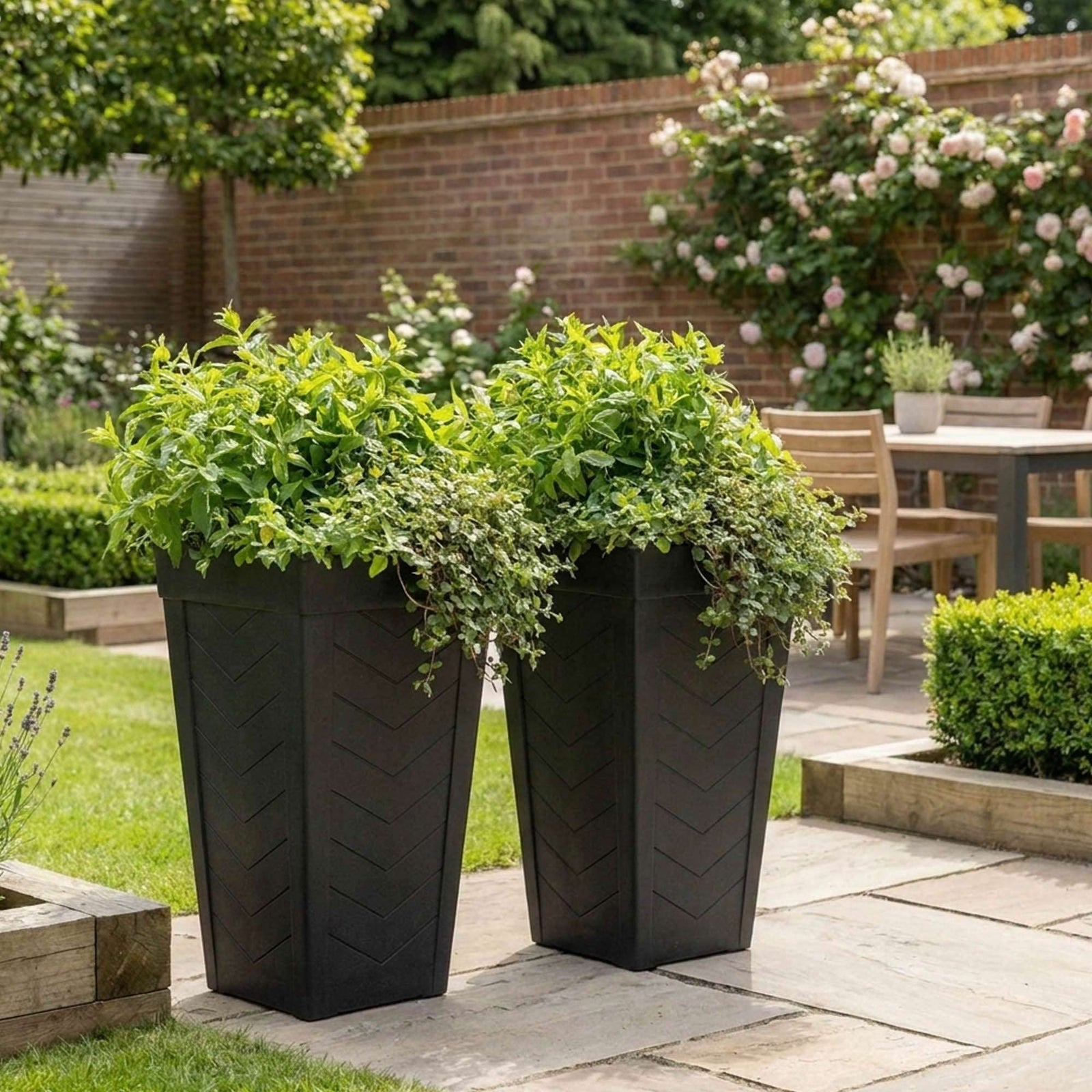 57cm Tall Chevron Effect Black Rubber Planters - Indoor Outdoor Planter | Set-of-2
