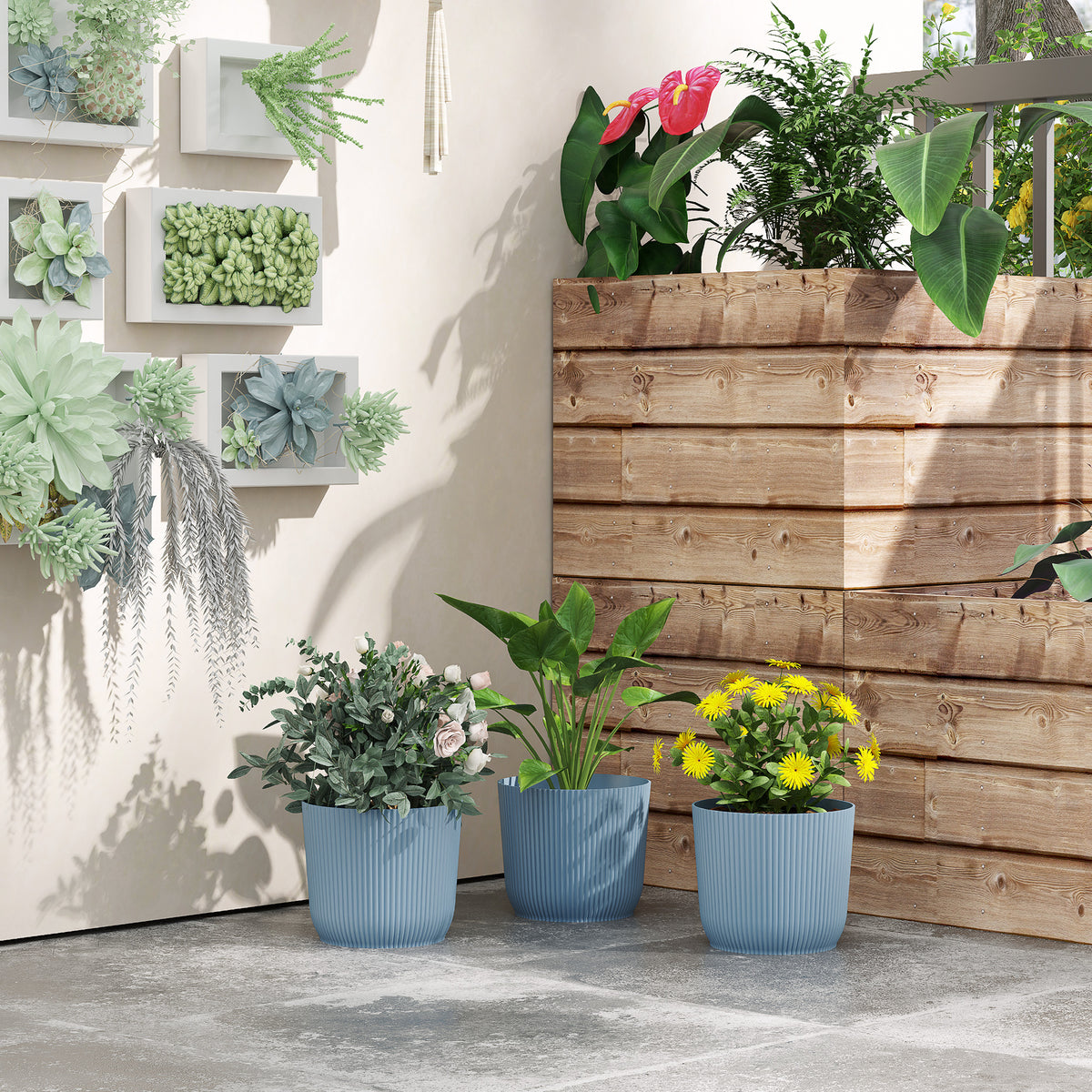 Round Plant Pots Outdoor 22cm For Garden Decoration | Set of 3 | Blue