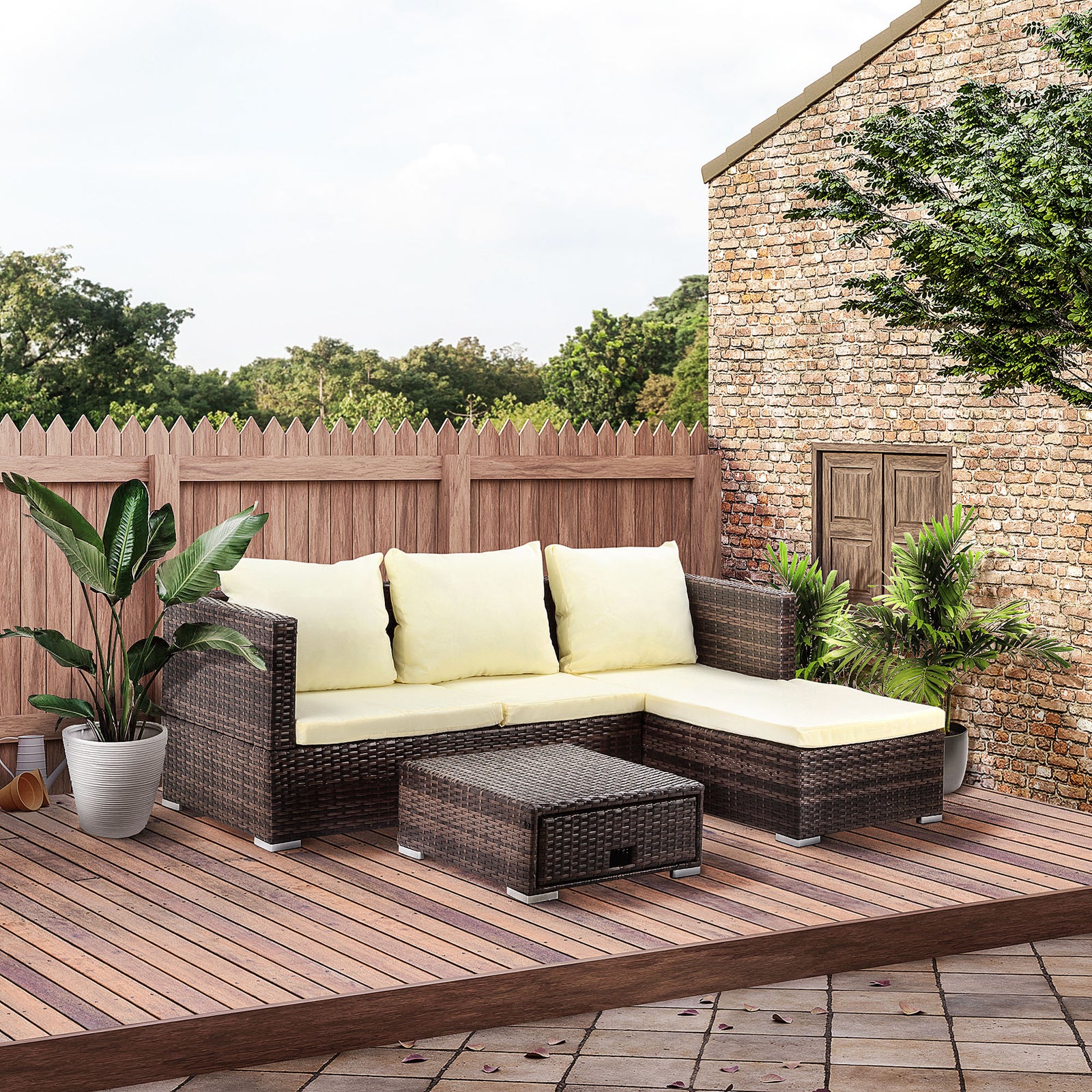 Rattan Garden Sofa Set Storage Table Wicker Patio Lounger | Brown