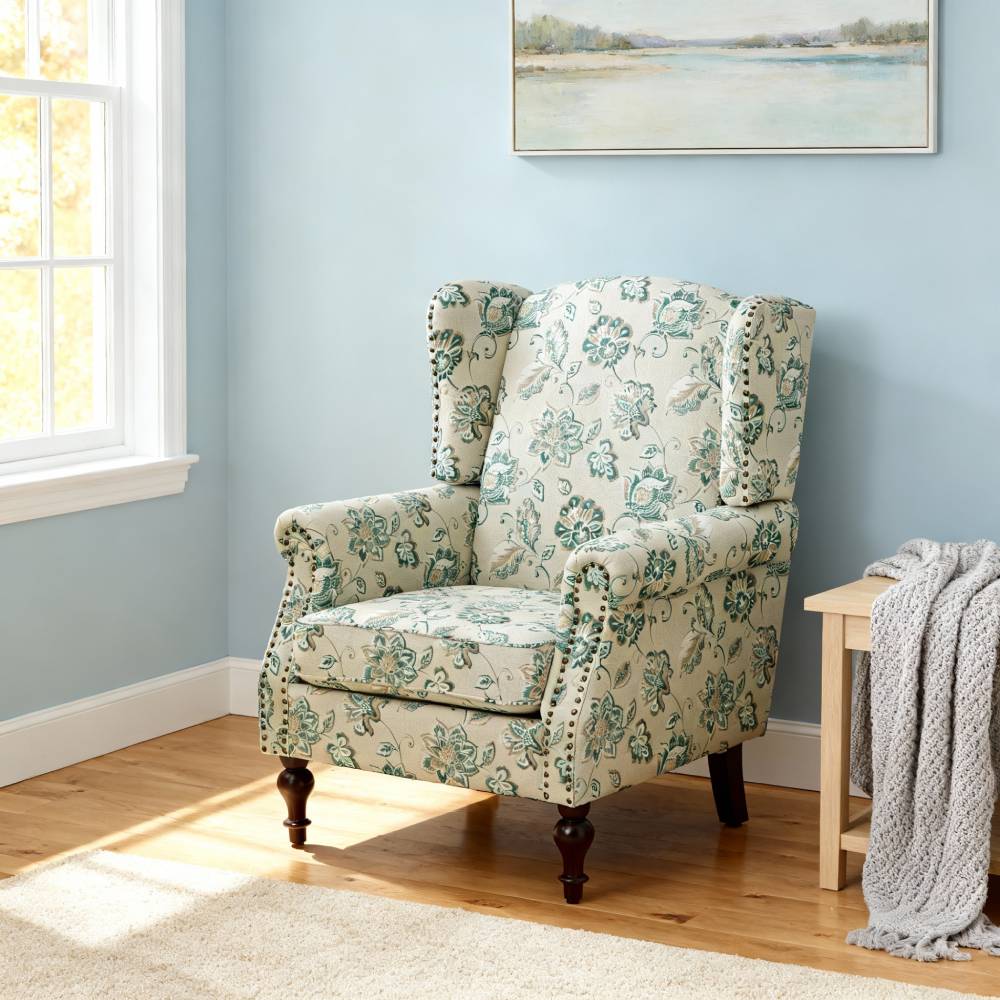 Floral Velvet Linen Wingback Armchair With Nailhead Trim