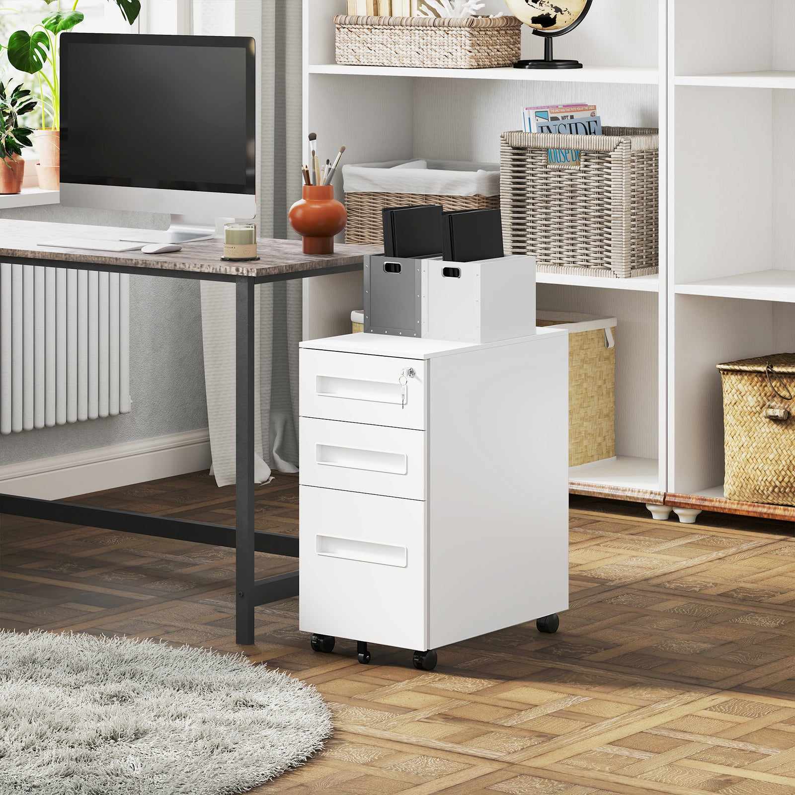 Lockable Mobile Filing Cabinet W/ 3 Drawers | Small | White