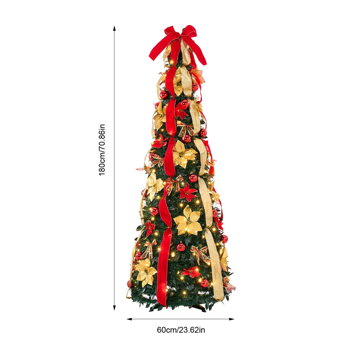 Breeins 180cm Pre-lit Decorated Christmas Tree With Red Bow, Ribbons & Baubles