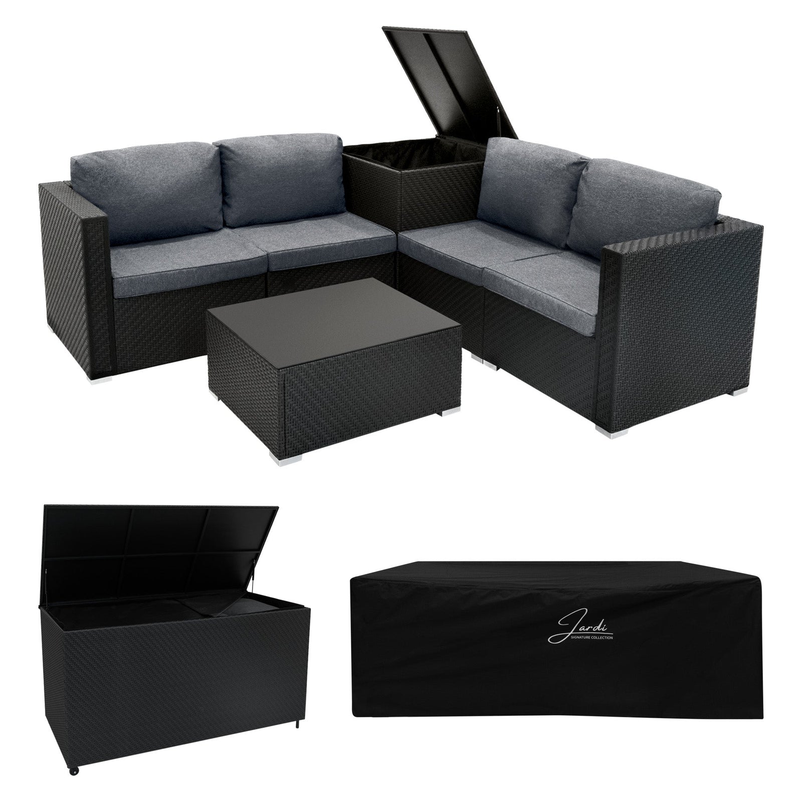 Rattan Modular 6 Piece Furniture Set & 700l Storage Box | Black