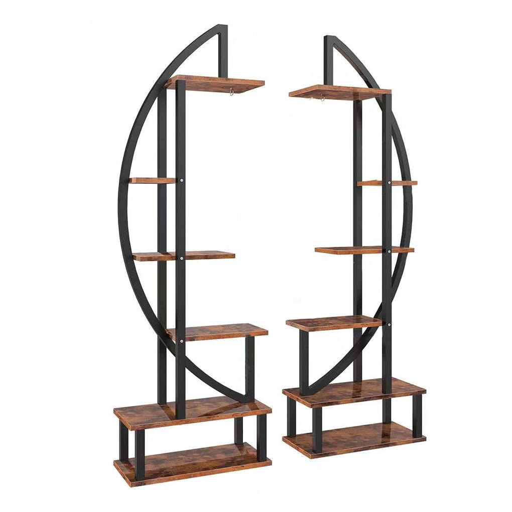 2 Pcs Rustic Brown Crescent Wood Tiered Plant Stand