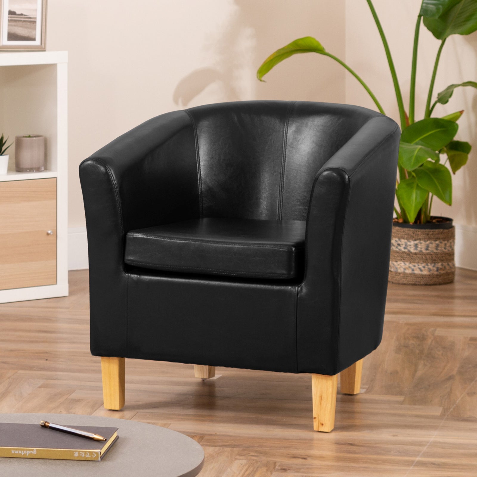 Meriden 68cm Wide Pu Vegan Leather Accent Tub Chair Supplied With Both Light And Dark Wooden Legs | Black