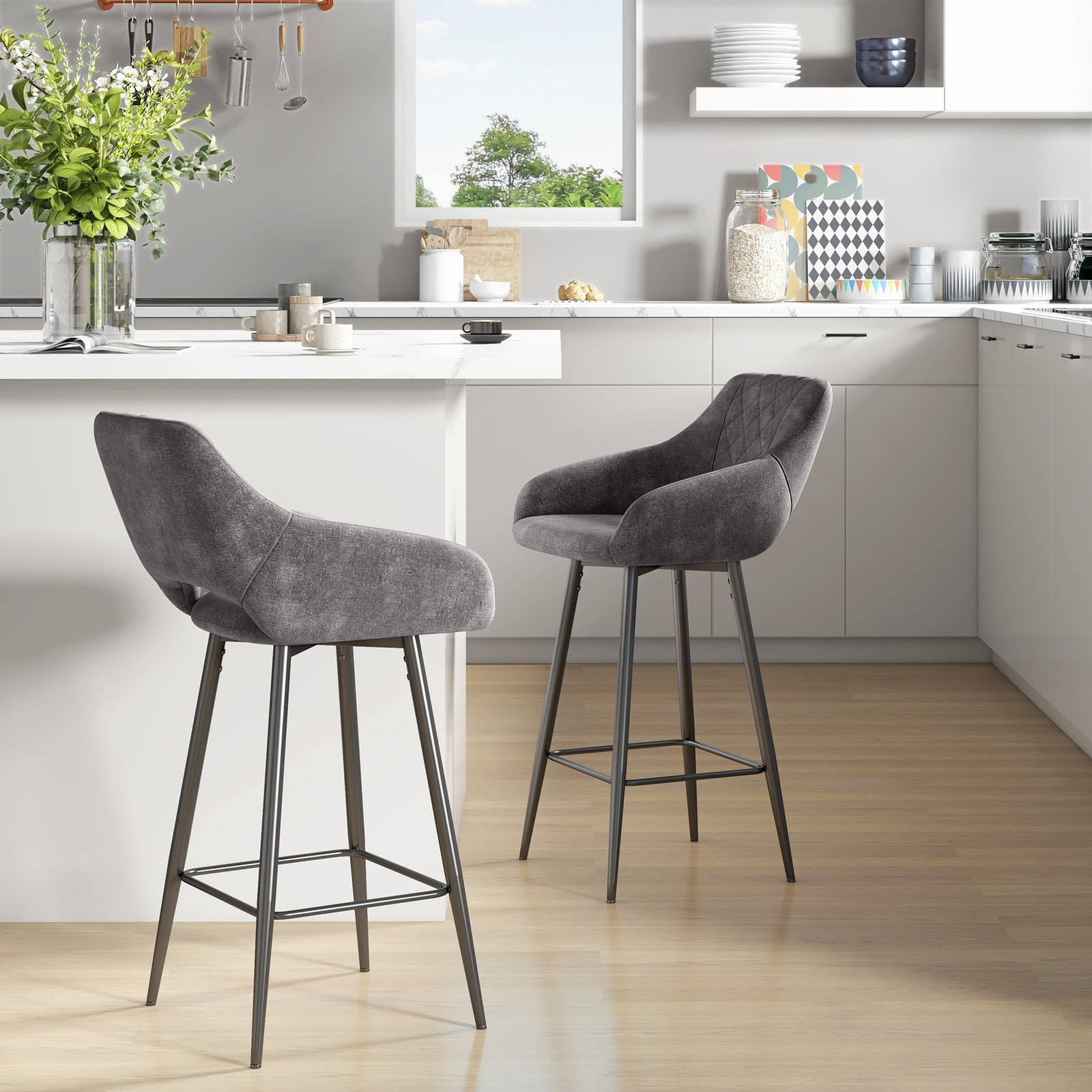 Velvet-touch Bar Stools Counter Set Of 2 | Dark Gray