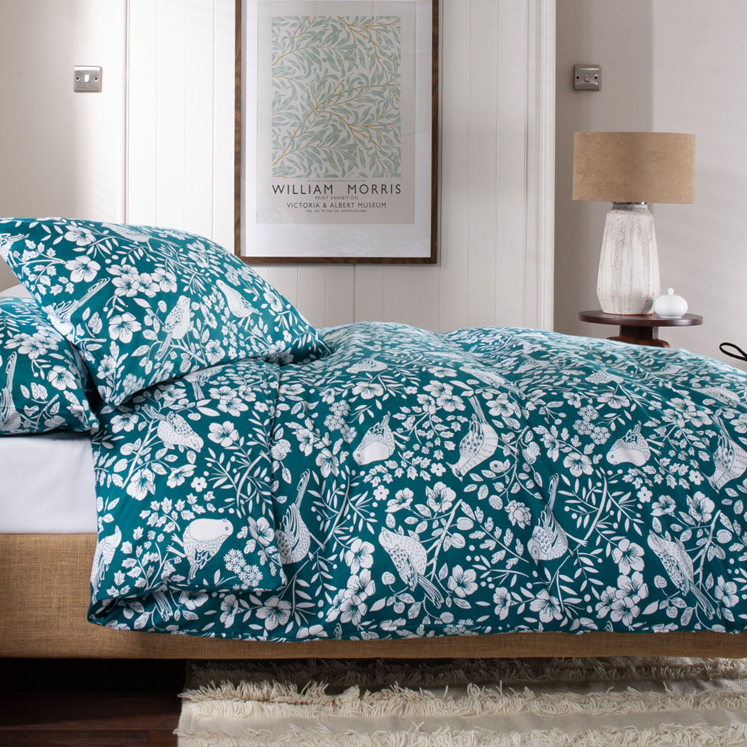 Woodland Bird Printed Design Brushed Cotton Duvet Set | Super King | Green