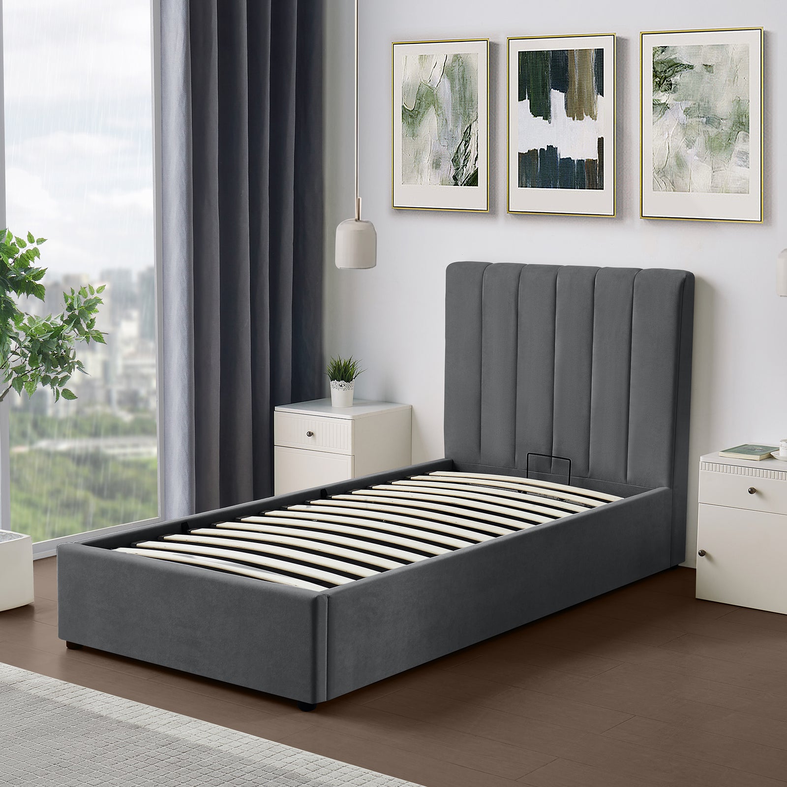 Evelynne Fabric Ottoman Bed Frame With Storage | Single | Dark Grey