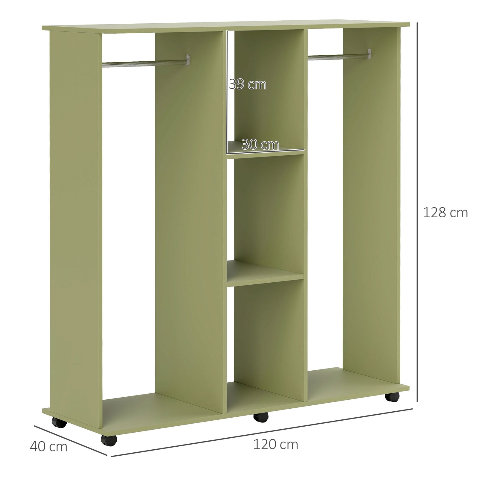Mobile Double Open Wardrobe W/ Clothes Hanging Rail | Green