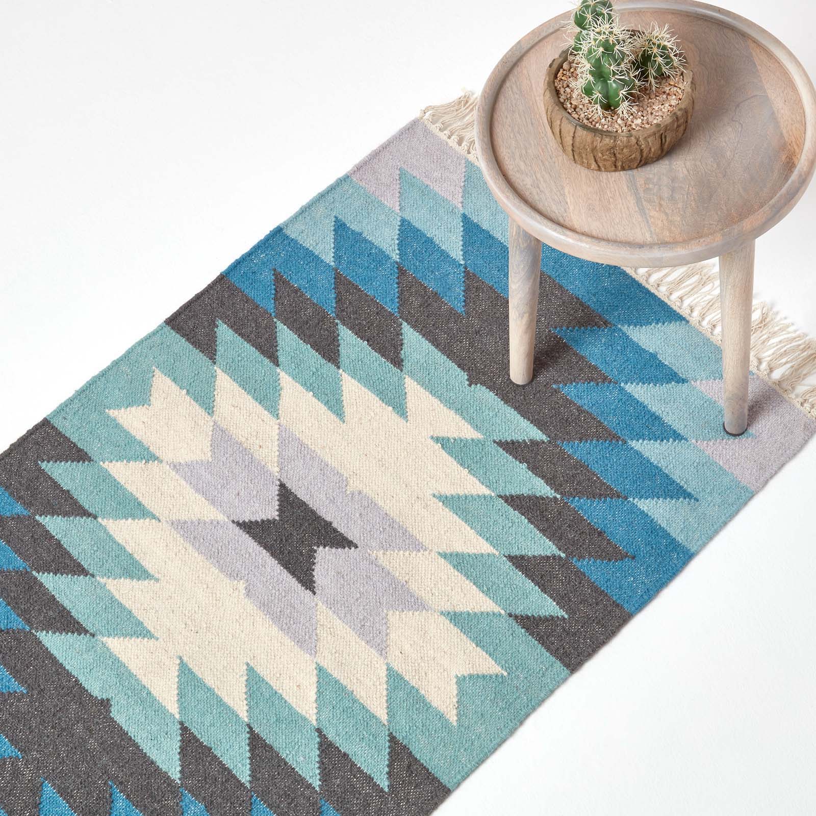 Helsinki Handwoven Geometric Blue Grey And Cream Kilim Wool Rug | 200cm | Blue & Grey