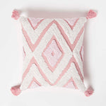 Geometric Ikat Tufted Cotton Cushion With Tassels | 45cm x 45cm | Pink & White