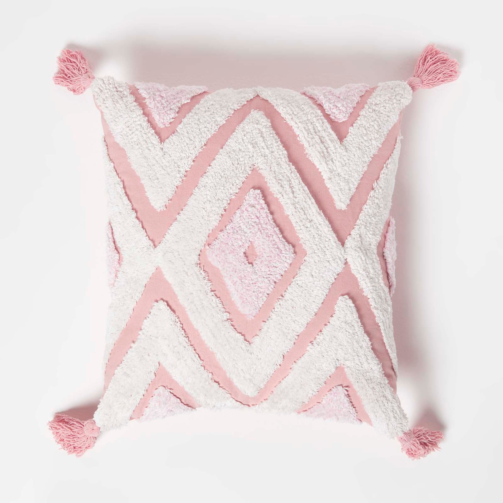 Geometric Ikat Tufted Cotton Cushion With Tassels | 45cm x 45cm | Pink & White