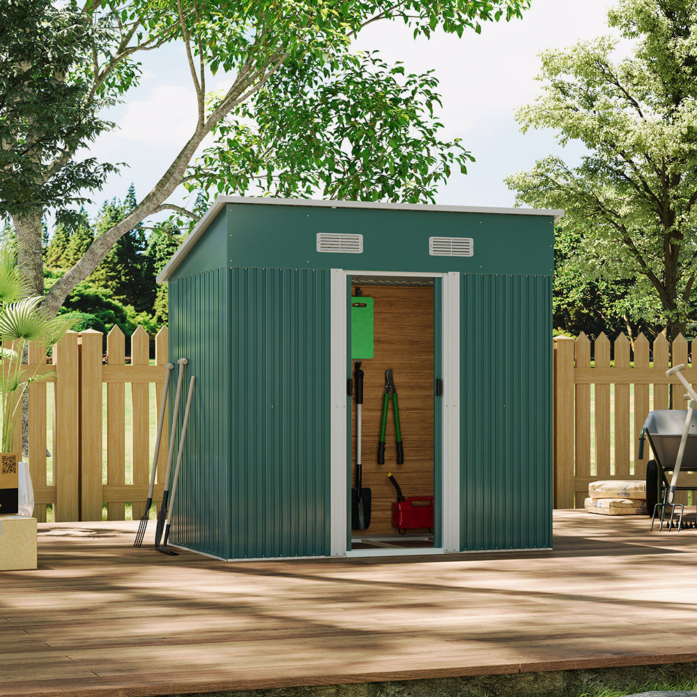 4x6ft Metal Storage Shed With Double Doors,ventilation And Foundation Frame Flat Roof Outdoor Tool Shed For Garden | Dark Green
