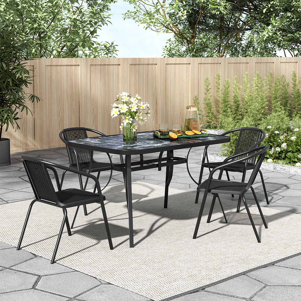 Garden Tempered Glass Square Table With Set Of 4 Pe Rattan Chairs | Medium | Black