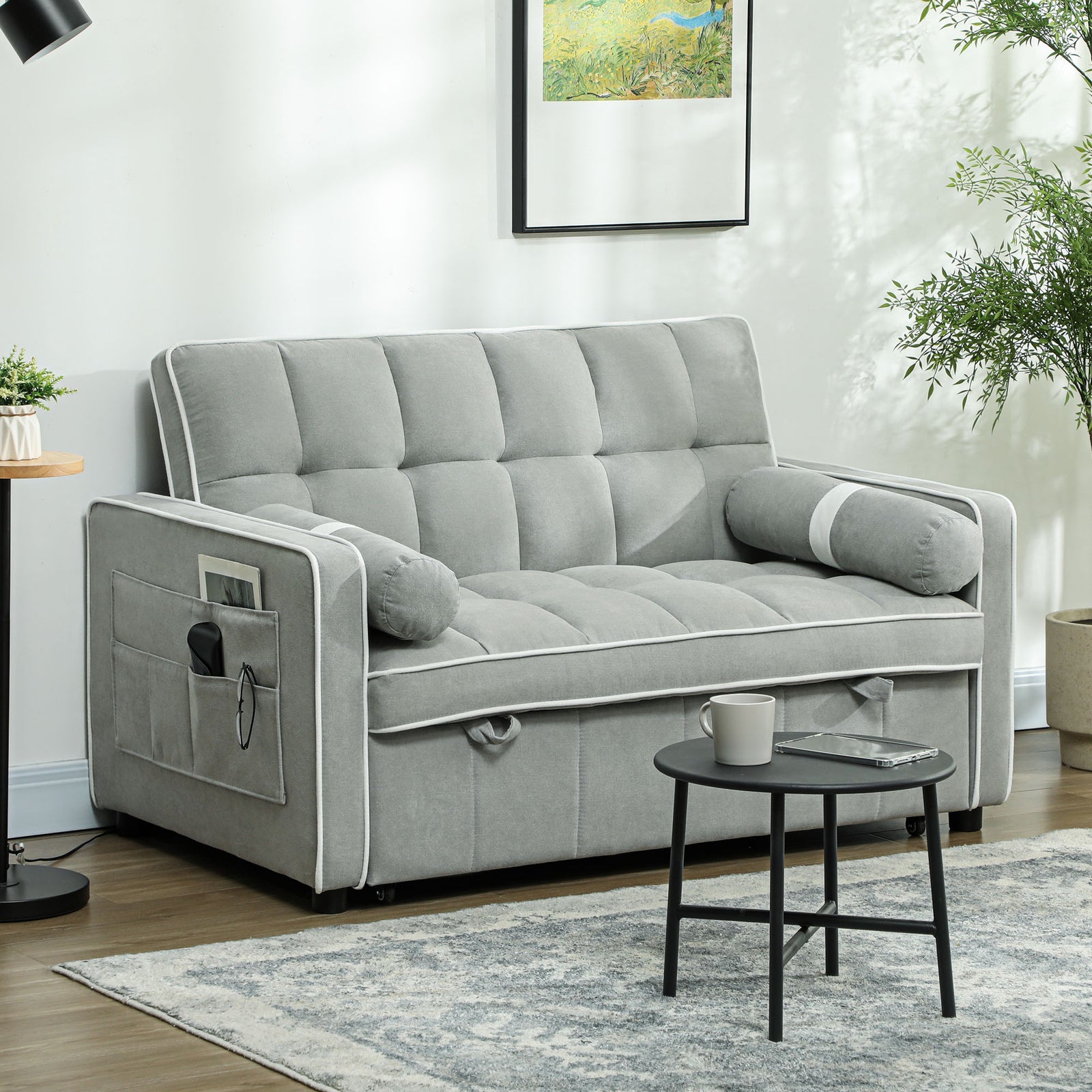 2 Seater Pull Out Sofa Bed With Adjustable Backrest, Light Grey | One Size