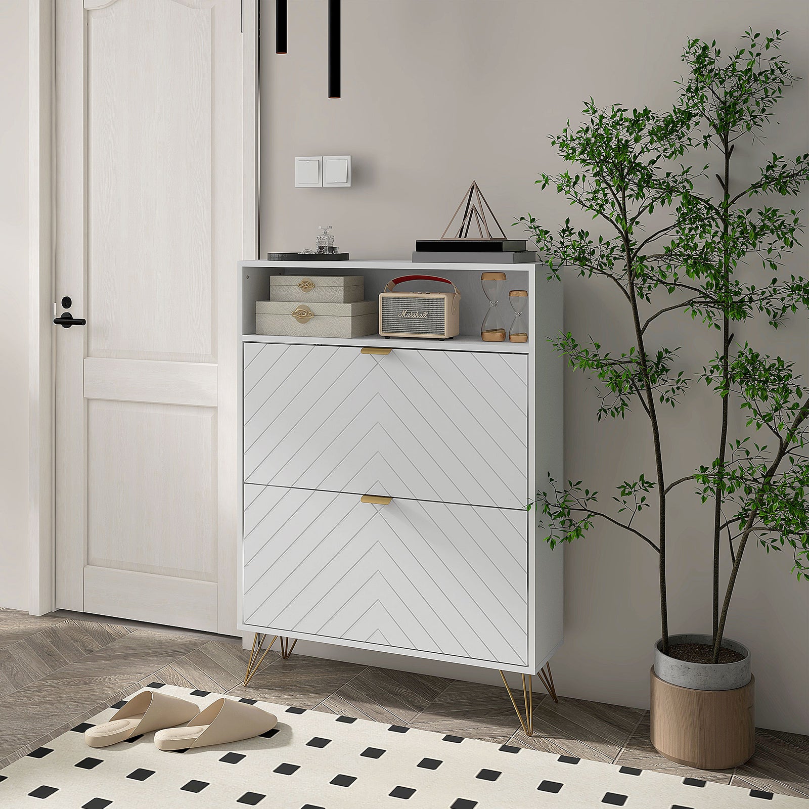 Narrow Shoe Storage Cabinet With 2 Flip Drawers For 12 Pairs