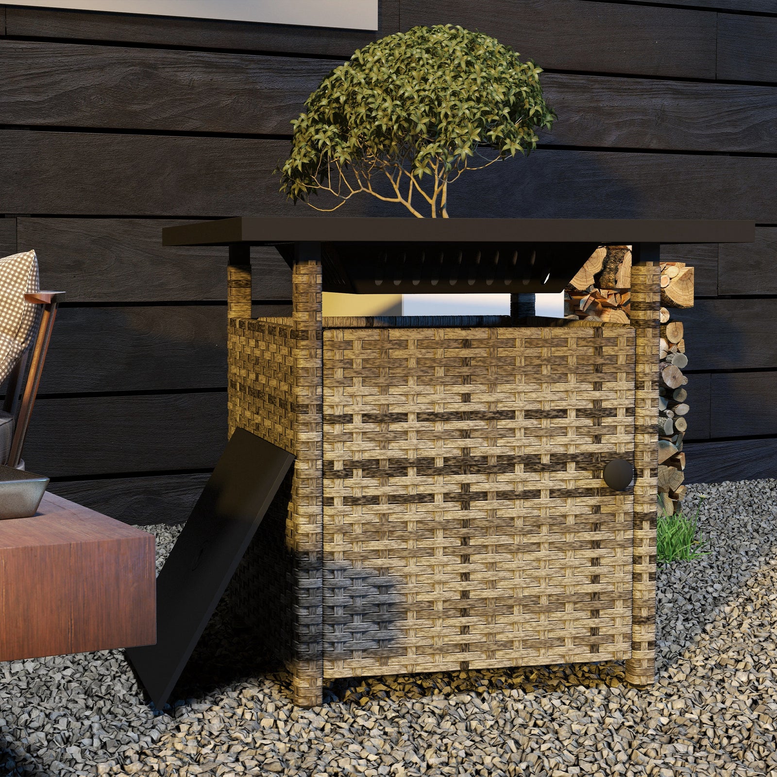 72.6cm Pe Rattan Fire Pit Table For Garden With Rain Cover | Gray