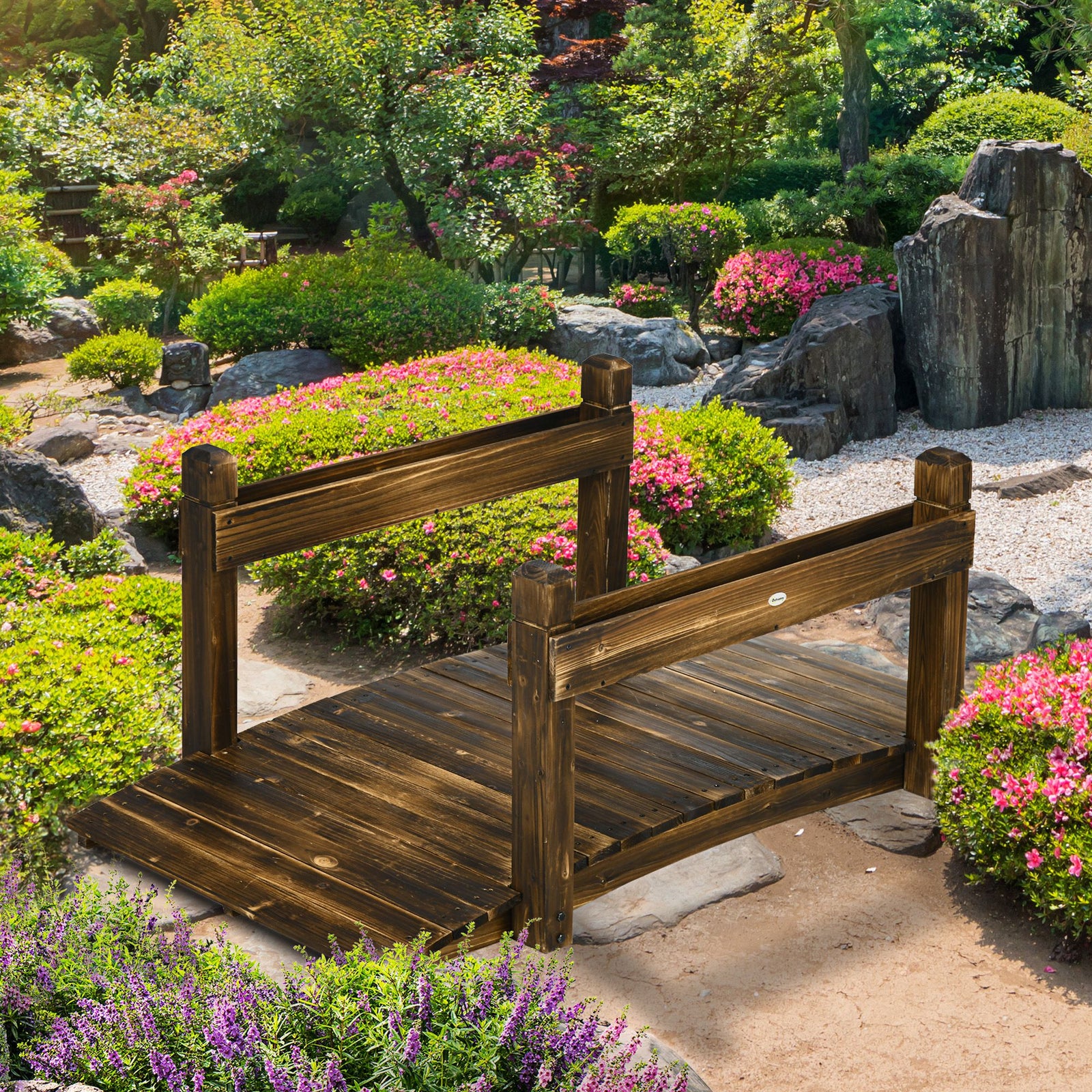 5ft Wooden Garden Bridge With Planters, Stained Finish