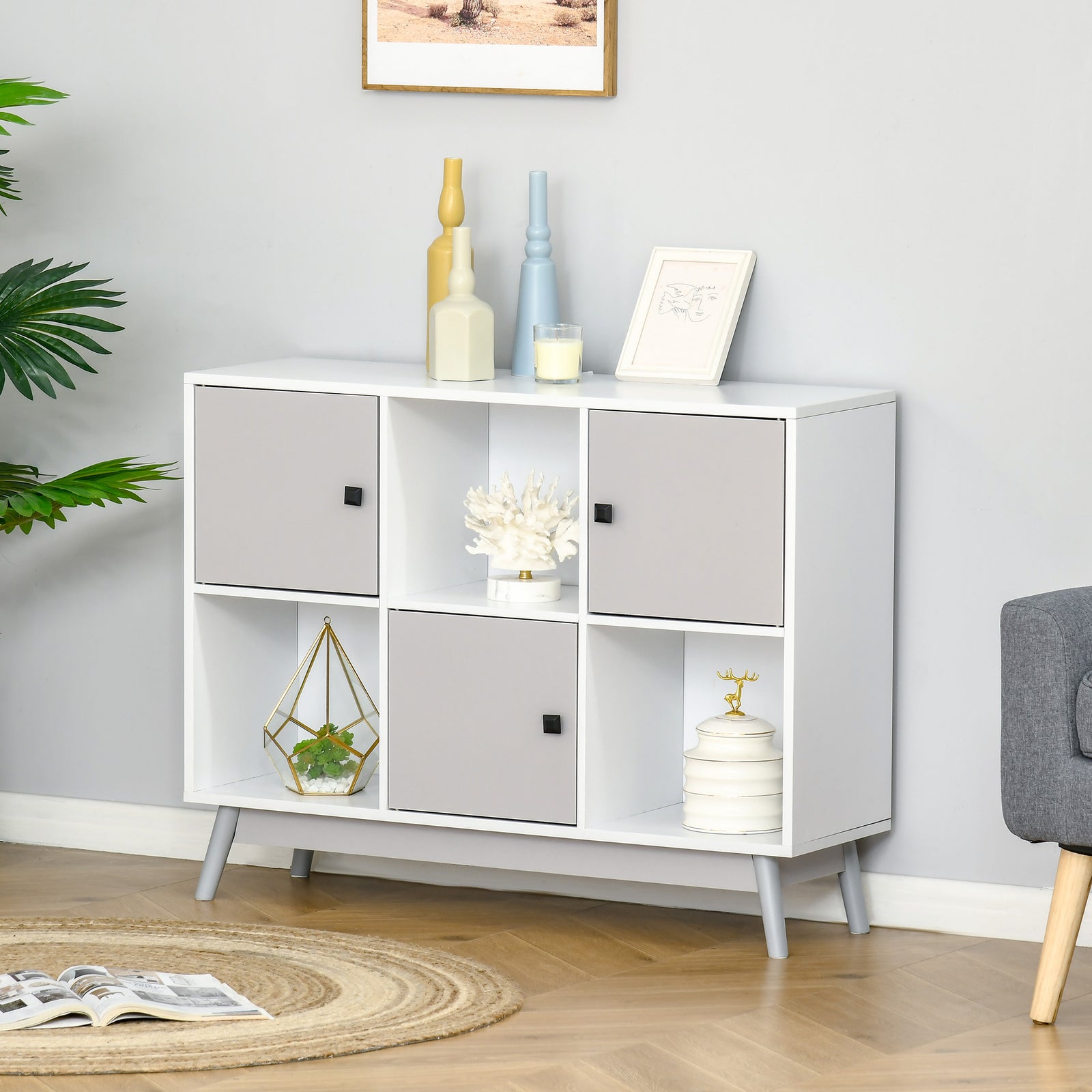 Bookcase Display Cabinet With 6 Storage Cubes Living Room | One Size | Gray