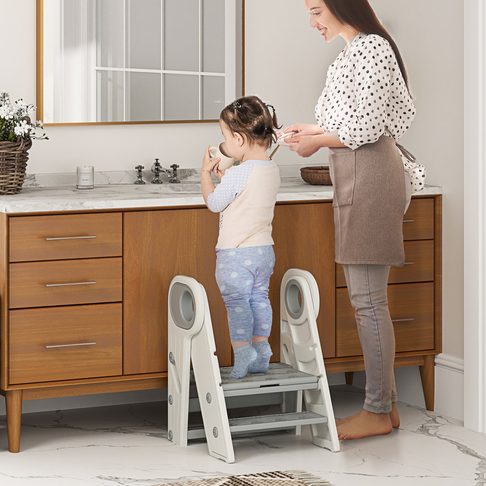 Toddler Tower, Foldable & Adjustable, With Handle, Non-slip, Grey