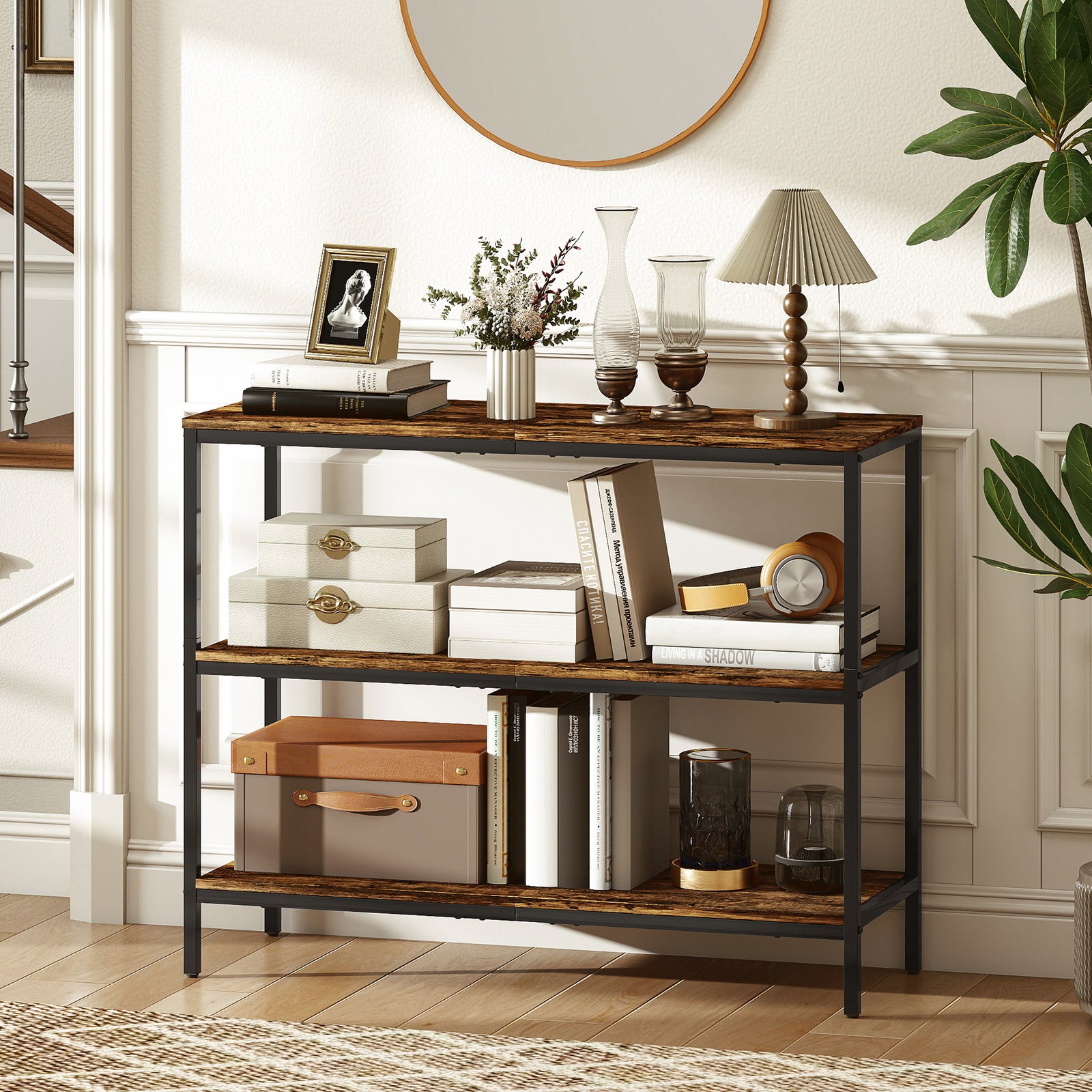 HOMCOM Industrial Console Table With 3-tier Storage Shelves Rustic Brown