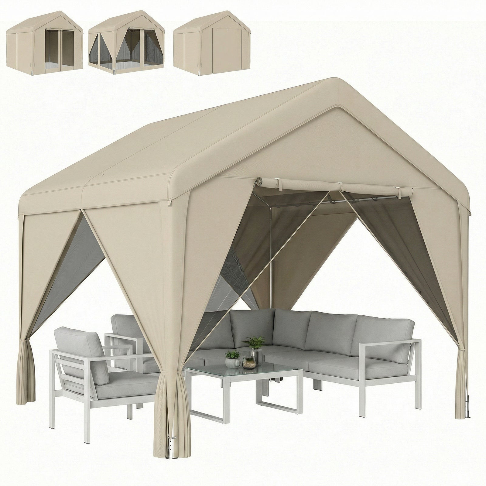 3 X 3 M Outdoor Patio Gazebo With Netting And Curtains | Khaki