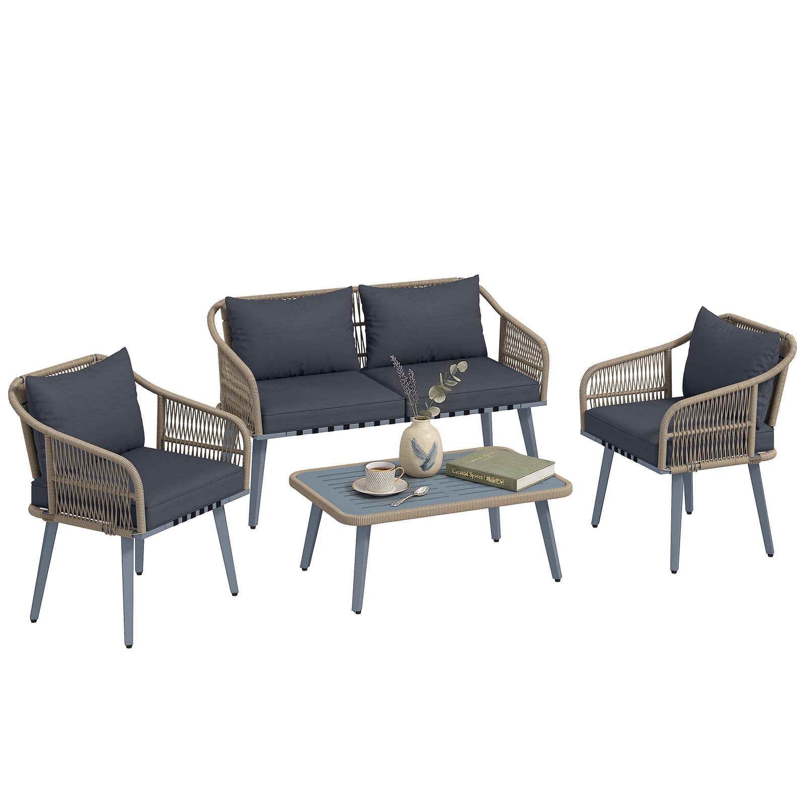 4 Piece Rattan Garden Furniture Set W/ Thick Cushions | Grey
