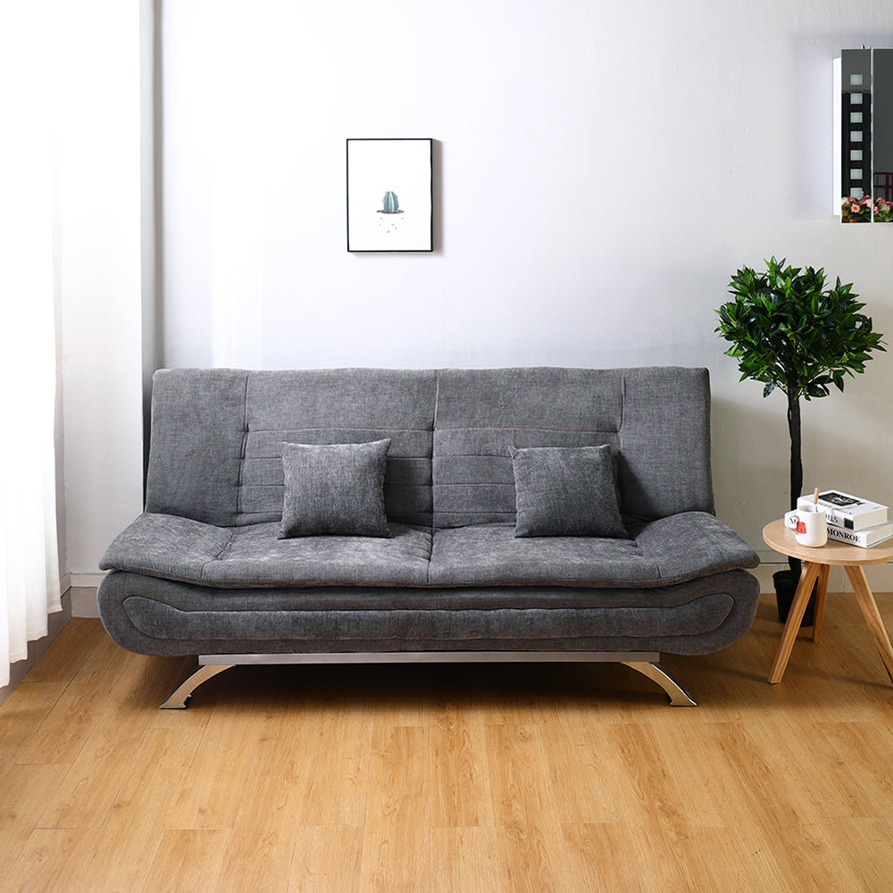 Modern Grey Linen Convertible Sofa Bed with Metal Legs and 2 Pillows