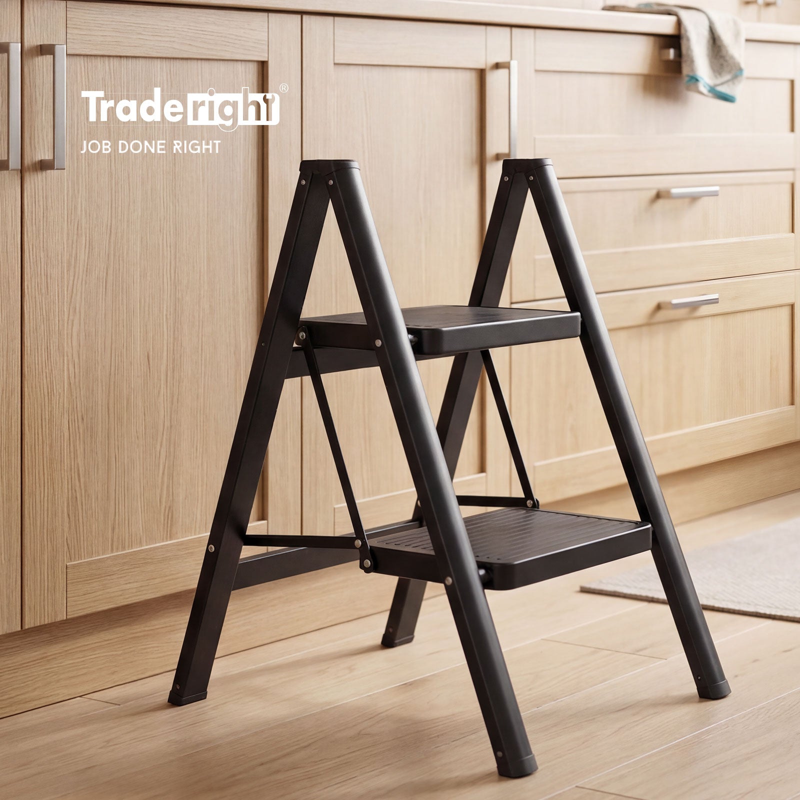 Small Step Ladder Foldable 150kg Carbon Steel Kitchen Steps Black | Black