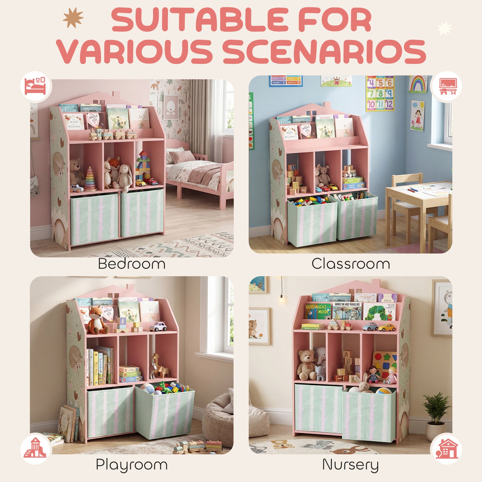 Kids Bookshelf With Storage, Toy Storage Unit For Playroom | Pink