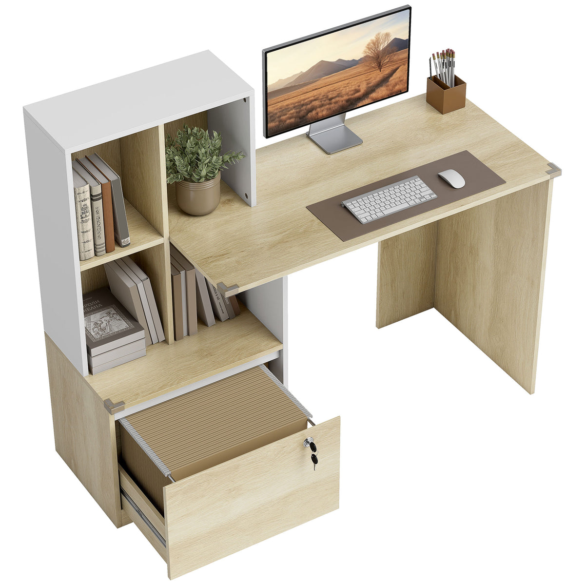 HOMCOM Computer Desk With Lockable File Drawers, Oak Wood Effect