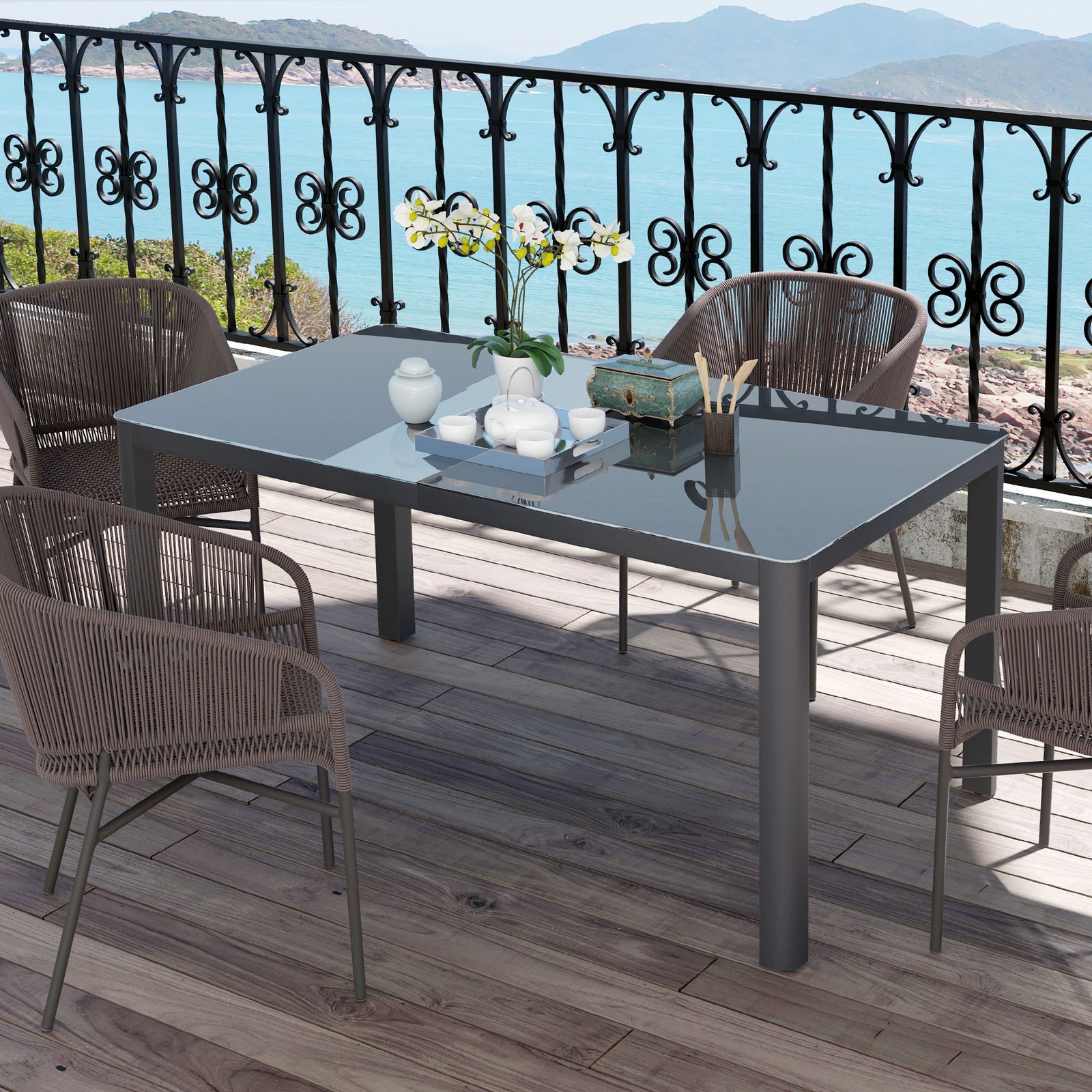 Outdoor Dining Table With Glass Top, Aluminum Frame, Grey