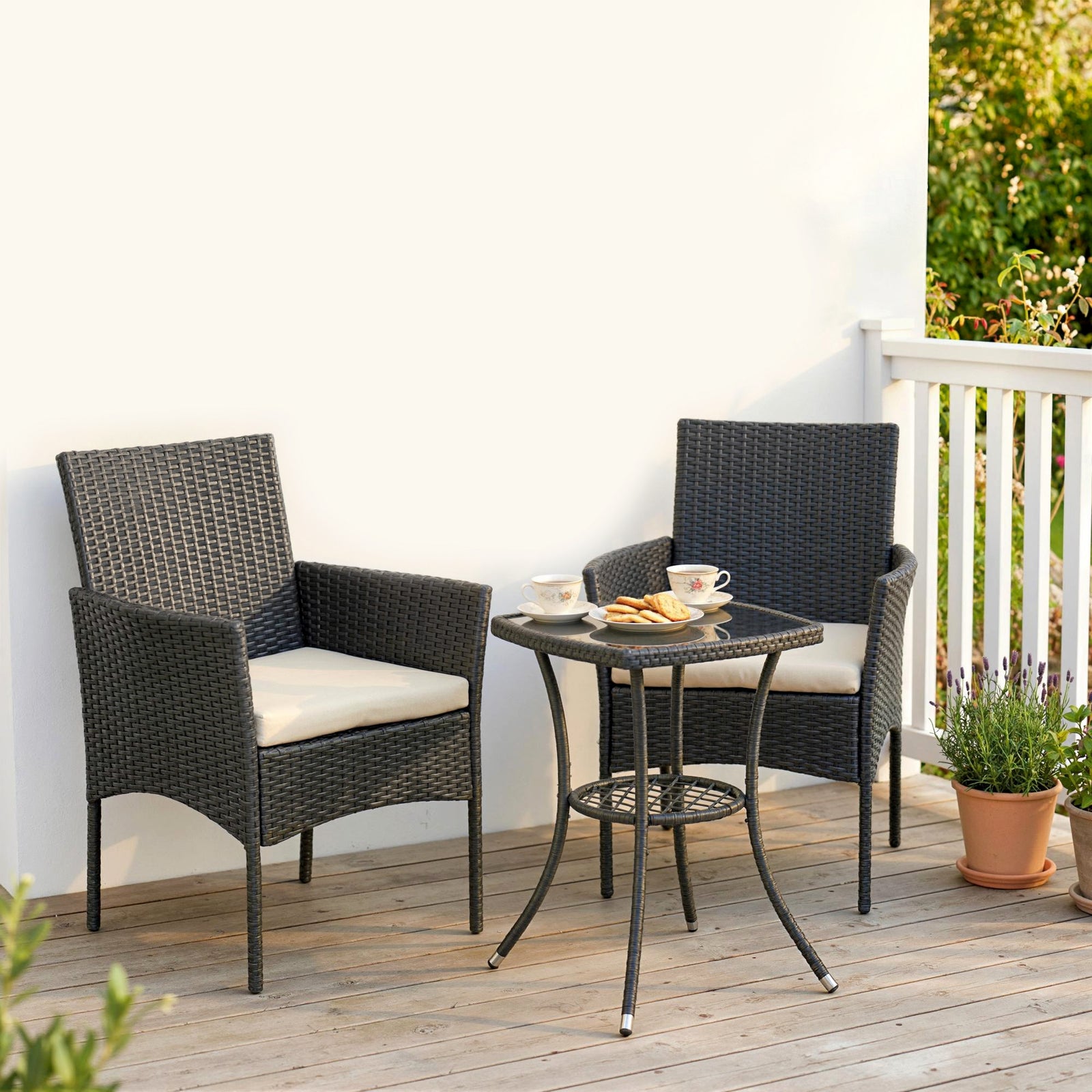 3 Piece Rattan Bistro Set With 2 Tier Glass-top Table, Chairs | White
