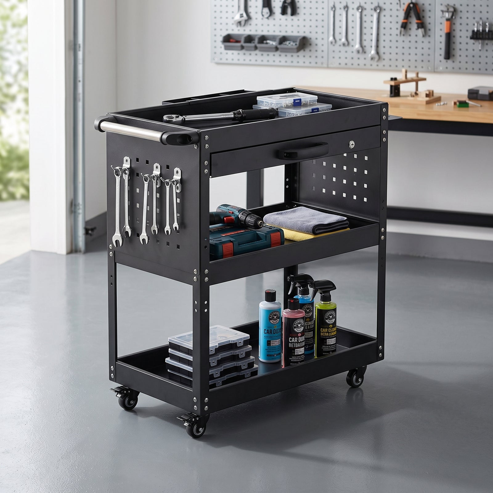 Breeins 3-tier Tool Cart With Lockable Drawer And 10 Hooks