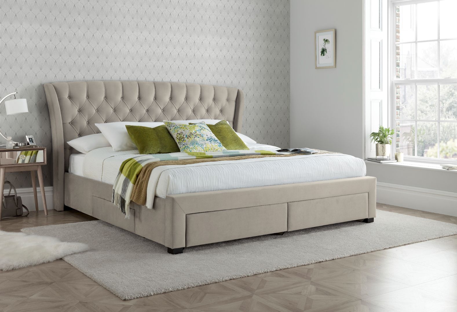 Newton Velvet 4 Drawer Storage Bed | Double | Natural